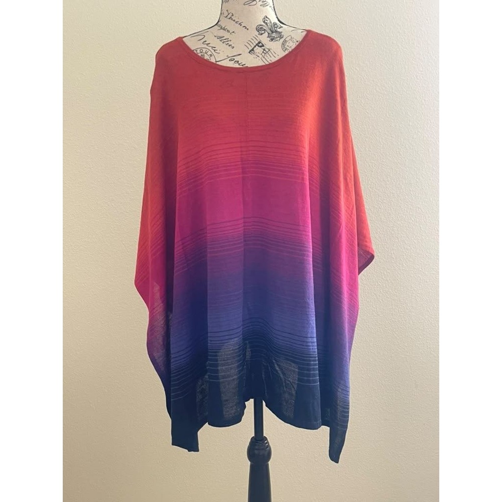 Jones New York Signature Ombre Striped Poncho Sweater Red Purple One Size